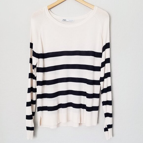 Zara Ivory Black Striped Basic Knit Pullover Sweater Crewneck Lightweight XL - Picture 6 of 15